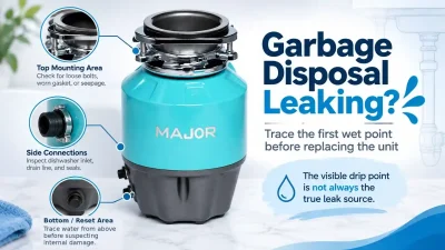 Garbage disposal leaking near the bottom reset button with top, side and bottom leak points marked for troubleshooting.