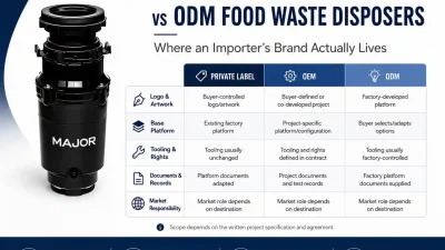 Private label vs OEM vs ODM food waste disposer infographic comparing logo and artwork, factory platform, documents, tooling and market responsibility.