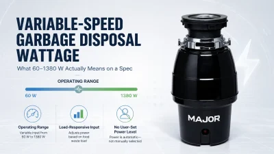MAJOR variable-speed garbage disposal showing a 60–1380 W load-responsive operating range